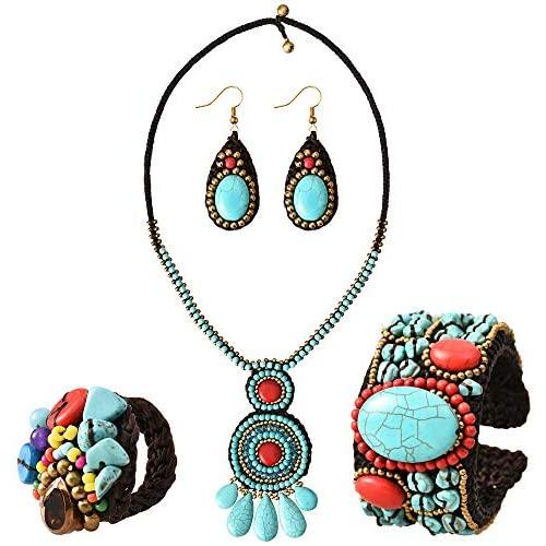 MAYTRY Original Woven Turquoise Necklace 4-Piece Set-Turquoise Necklace, Turquoise Bracelet, Turquoise Earrings, Turquoise Ring, Personalized Fashion Set