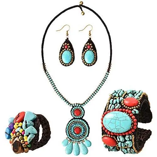 MAYTRY Original Woven Turquoise Necklace 4-Piece Set-Turquoise Necklace, Turquoise Bracelet, Turquoise Earrings, Turquoise Ring, Personalized Fashion Set MAYTRY Original Woven Turquoise Necklace 4-Piece Set-Turquoise Necklace, Turquoise Bracelet, Turquoise Earrings, Turquoise Ring, Personalized Fashion Set