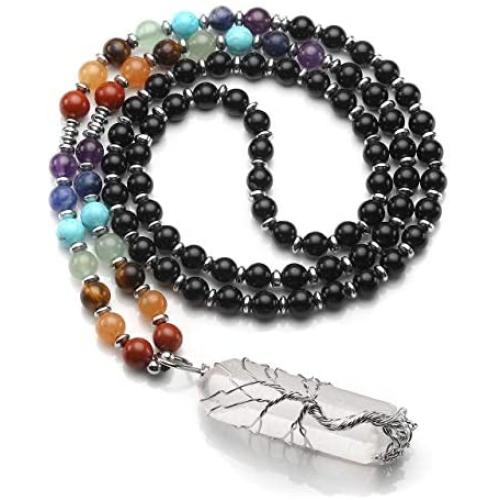 Jovivi Natural 7 Chakras Healing Crystals Necklace Wire Wrapped Clear Quartz Tree of Life Pendant Healing Pointed Reiki Energy Balancing
