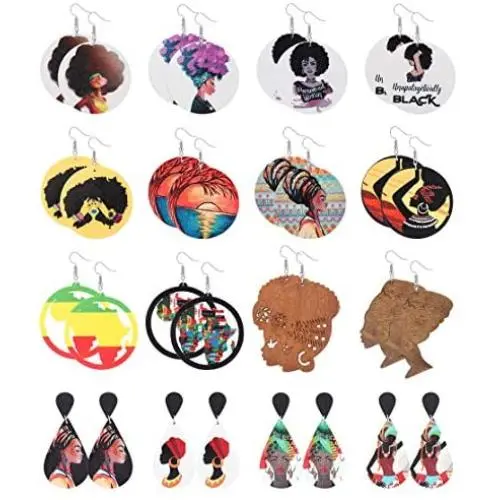 Fiasaso 16 Pairs African Dangle Earrings for Women Round Teardrop Painted Wooden Earrings Ethnic Style Earring Set Fiasaso 16 Pairs African Dangle Earrings for Women Round Teardrop Painted Wooden Earrings Ethnic Style Earring Set