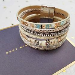 EunWow Leather Multilayer Bracelet Ladies Bracelet Women Magnetic Closure