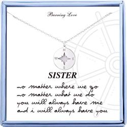 Sister Gifts from Sister Sterling Silver Compass Necklace Best Friend Necklaces BFF Gifts for Women Girls Sister Birthday Gifts