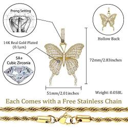 TOPGRILLZ Fully Iced Out Lab Diamond Butterfly Chain Pendant Necklace for Women 14K Real Gold Plated Birthday Gifts