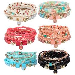 Udalyn 6 Sets Bohemian Stackable Bead Bracelets for Women Men Multilayered Bracelet Set Pendant Charm Stretch Bangles