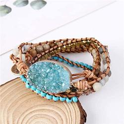 Fruitful Jewelry Bohemian Handmade Natural Stone Various Beaded Bracelets from Leather, Boho Wrap Bracelets for Women and Men