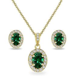 Gold Flashed Sterling Silver Genuine, Created or Simulated Gemstone & CZ Oval Halo Necklace & Stud Earrings Set with CZ Accents