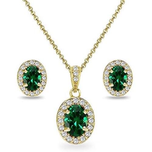 Gold Flashed Sterling Silver Genuine, Created or Simulated Gemstone & CZ Oval Halo Necklace & Stud Earrings Set with CZ Accents