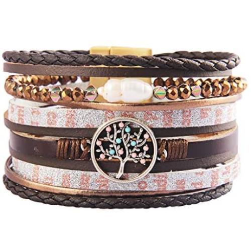GelConnie Tree of Life Leather Cuff Bracelet Magnetic Multi Strand Wrap Bracelet Bohemian Jewelry for Women, Wife, Sister