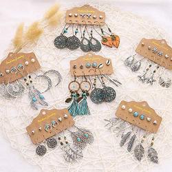 Shuning 36 Pairs Vintage Boho Earrings for Women Girls Fashion Hollow Moon Leaf Turquoise Drop Dangle Earrings Bohemian Statement Stud Earrings Jewelry for Valentine/Birthday Party Gift