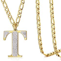 AZAZCCM Initial Necklaces Gold Silver Letter Necklace For Men-Smooth And AAAA Diamond Initial Pendant Stainless Steel Classic Cuban Chain, Bar Street Sports Style Necklace