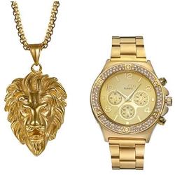Mens Gold Japan Quartz 30M Waterproof Watch With Biker Punk Stanless Steel Animal Lion Head Pendant Necklace for Halloween Party