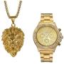 Mens Gold Japan Quartz 30M Waterproof Watch With Biker Punk Stanless Steel Animal Lion Head Pendant Necklace for Halloween Party