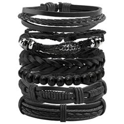 Manfnee 6-12PCS Braided Faux Leather Bracelet Punk Cuff Wrap Bracelets for Men Women Adjustable