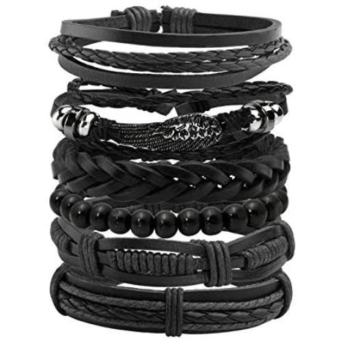 Manfnee 6-12PCS Braided Faux Leather Bracelet Punk Cuff Wrap Bracelets for Men Women Adjustable
