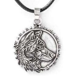HAQUIL Wolf Necklace - Metal Alloy, Round Wolf Medallion Pendant - Leather Cord, 19.7''