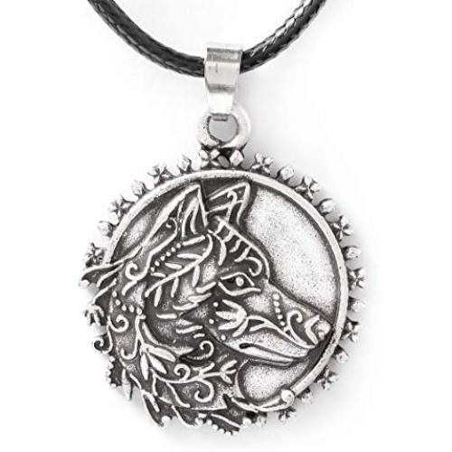 HAQUIL Wolf Necklace - Metal Alloy, Round Wolf Medallion Pendant - Leather Cord, 19.7''