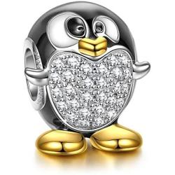 NINAQUEEN 925 Sterling Silver Penguin Gold Plated Bracelet Bead Charms Animal Fever Collocation with 5A Cubic Zirconia Fit Pandora European Bracelets