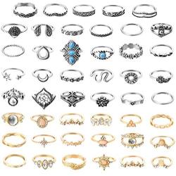 PANTIDE 48Pcs Vintage Boho Knuckle Rings Set Stackable Finger Rings Midi Rings for Women Girls Trendy Bohemian Hollow Carved Flowers Gold&Silver Rings Crystal Joint Rings Jewelry with Storage Bag