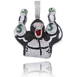 KMASAL Jewelry Hip Hop Cartoon Iced Out Ape Hold Money Bag Big Pendant Chain Pave Colorful CZ Diamond Stone 18K Gold Plated Necklace with 24 Inch Stainless Rope Chain for Men Women