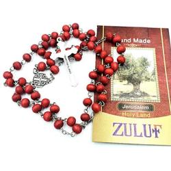 Zuluf Red Rose Scented Wood Rosary Beads Christian Catholic Holy Rosary Beads Cross Necklace | Rose Smell Rosary Petal Red Rare Carved Beads & Silver Plated Cross from Jerusalem Holy Land | ZROS009