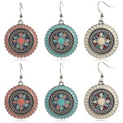 DAMLENG 3 Pairs Bohemian Vintage Round Enamel Flower Pattern Dangle Earrings Retro Boho Dangle Drop Earrings for Women Girls Jewelry Accessories Set