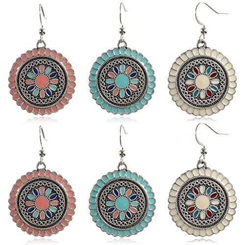DAMLENG 3 Pairs Bohemian Vintage Round Enamel Flower Pattern Dangle Earrings Retro Boho Dangle Drop Earrings for Women Girls Jewelry Accessories Set