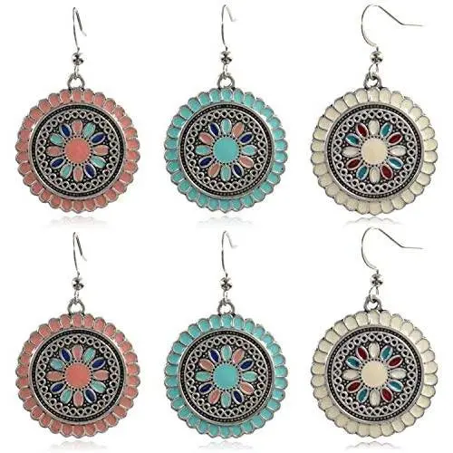 DAMLENG 3 Pairs Bohemian Vintage Round Enamel Flower Pattern Dangle Earrings Retro Boho Dangle Drop Earrings for Women Girls Jewelry Accessories Set DAMLENG 3 Pairs Bohemian Vintage Round Enamel Flower Pattern Dangle Earrings Retro Boho Dangle Drop Earrings for Women Girls Jewelry Accessories Set