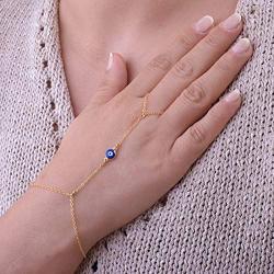 YienDoo Fashion Gold Evil Eye Bracelet Finger Chain Hand Harness Exquisite Blue Evil Eye Slave Bracelet Jewelry for Women and Girls