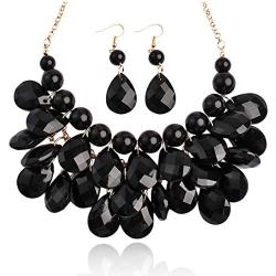 Chunky Acrylic Jewel Cluster Floating Bubble Statement Necklace - Teardrop Dangle Layered Bib Collar