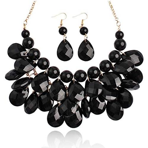 Chunky Acrylic Jewel Cluster Floating Bubble Statement Necklace - Teardrop Dangle Layered Bib Collar