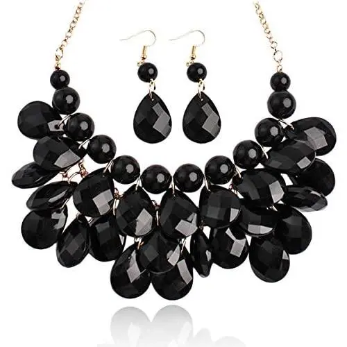 Chunky Acrylic Jewel Cluster Floating Bubble Statement Necklace - Teardrop Dangle Layered Bib Collar Chunky Acrylic Jewel Cluster Floating Bubble Statement Necklace - Teardrop Dangle Layered Bib Collar