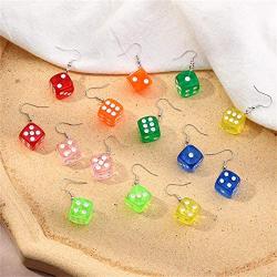 7 Pairs Colorful Dice Earrings Set Funny Geometric 3D Dice Dangle Earrings Punk Resin Cube Dice Drop Earrings for Women Girls Jewelry