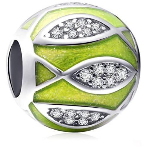 XIWEN Christian Fish Charms, 925 Sterling Silver Ichthys Jesus Fish Charms Round Beads fits Pandora Moment Bracelet, for Mothers Day/Christmas/Believer