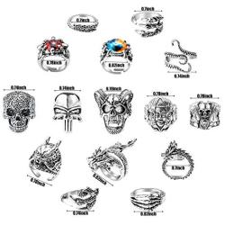 PANTIDE 15Pcs Vintage Punk Rings Set, Stainless Steel Gothic Alloy Biker Adjustable Rings, Skeleton Skull Evil Eye Chinese Dragon Claw Octopus Dragon Rings, Fashion Retro Black Silver Antique Jew