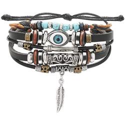 JIAOGE Evil Eye Bracelets, Bohomian Layered Leather Turquoise Beads Bracelets for Men, Retro Punk Leaf Bracelets for Women
