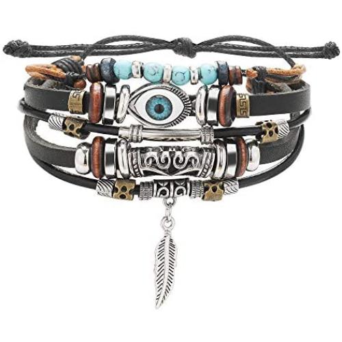 JIAOGE Evil Eye Bracelets, Bohomian Layered Leather Turquoise Beads Bracelets for Men, Retro Punk Leaf Bracelets for Women