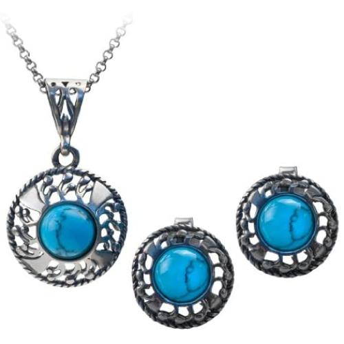 Sterling Silver Turquoise Round Earrings Pendant Set Necklace Chain 18 Inches