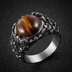 HZMAN Polished Natural Tiger Eye Stones Bat Ring for Men Women Stainless Steel Ring Wicca, Reiki, and Energy Crystal Healing Jewelry