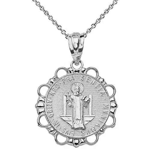 Sterling Silver Medalla De San Benito Saint St Benedict Round Necklace