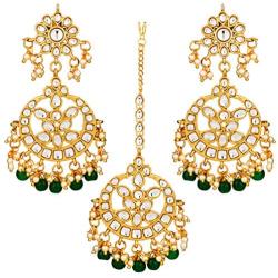 Aheli Indian Traditional Wedding Faux Kundan Beads and Pearls Chandbali Earrings Maang Tikka Earrings Set Ethnic Bollywood Jewelry Set for Women