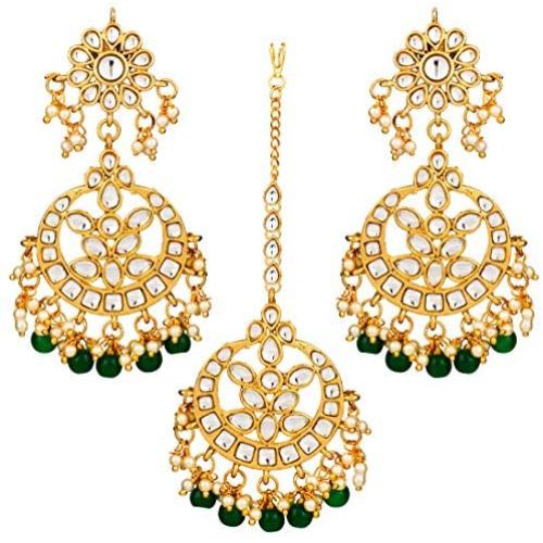 Aheli Indian Traditional Wedding Faux Kundan Beads and Pearls Chandbali Earrings Maang Tikka Earrings Set Ethnic Bollywood Jewelry Set for Women
