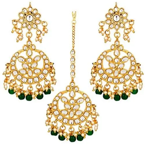 Aheli Indian Traditional Wedding Faux Kundan Beads and Pearls Chandbali Earrings Maang Tikka Earrings Set Ethnic Bollywood Jewelry Set for Women