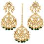 Aheli Indian Traditional Wedding Faux Kundan Beads and Pearls Chandbali Earrings Maang Tikka Earrings Set Ethnic Bollywood Jewelry Set for Women