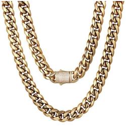 Luxfine 12mm Miami Cuban Link Chain 14K REAL Gold Plated Hypoallergenic Hip Hop Jewelry Premium Stainless Steel Necklace For Men Women (No Color Fade, Double-sided Iced Out Clasp)