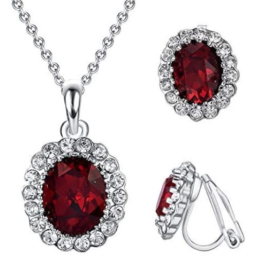 Yoursfs Necklaces and Clip On Earrings for Women 18K Gold Plated Oval Halo Austrain Crystal Pendant Non-Pierced Clip Earrings Prom Jewelry Set