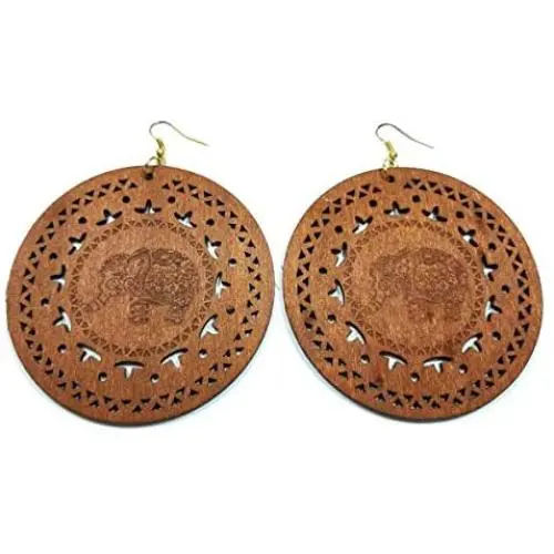 Teris Boutique Big Round Circle Elephants Engraved Wood Women Fashion Scroll Cut Jewelry Accessory Earrings Teris Boutique Big Round Circle Elephants Engraved Wood Women Fashion Scroll Cut Jewelry Accessory Earrings