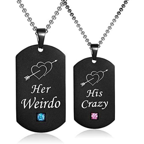 SunnyHouse Jewelry His & Hers Matching Set Titanium Stainless Steel His Crazy Her Weirdo Couple Pendant Necklace in a Gift Box