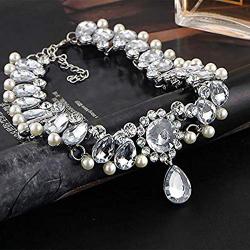 Anglacesmade Bohemia Rhinestone Choker Crystal Necklace Pearl Choker Wedding Jewelry Bridal Necklace Diamond Pendant Choker for Women and Girls (Silver)