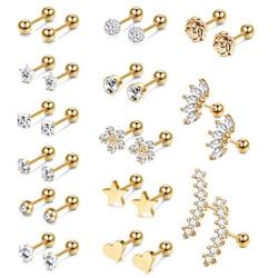 YADOCA 14 Pairs Stainless Steel Ear Cartilage Piercing Earrings Helix Tragus Barbell for Women Men Moon Star Heart Flower CZ Stackable Cartilage Earrings Set Silver-tone Rose Gold-tone Rose Gold-tone