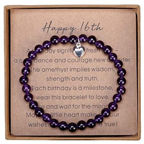 Gifts for 16 Year Old Girl Amethyst Bead Bracelet with Sterling Silver Heart Charm Sweet 16 Gifts for Girls with Card and Gift Box